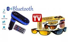 Kit Auto Bluetooth HandsFree Modulator FM, USB si set 2 perechi ochelari zi si noapte HD Vision